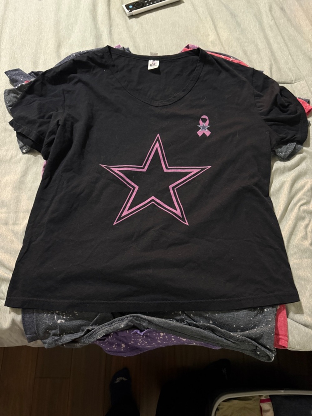 Kids Black Tee with Pink Star & Ribbon Graphic